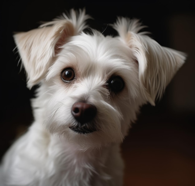 Un pequeño perro blanco con un fondo negro y un fondo negro.