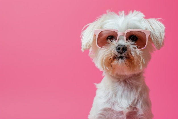 Pequeño perro blanco con gafas de sol rosadas sobre un fondo rosado