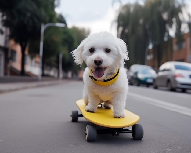 un pequeño perro blanco lindo montando un skateboard amarillo