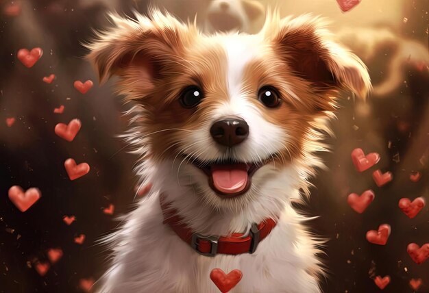 pequeño perro blanco y marrón con corazones a su alrededor pintor