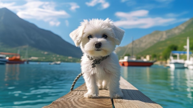 Un pequeño perro blanco en un muelle con montañas al fondo