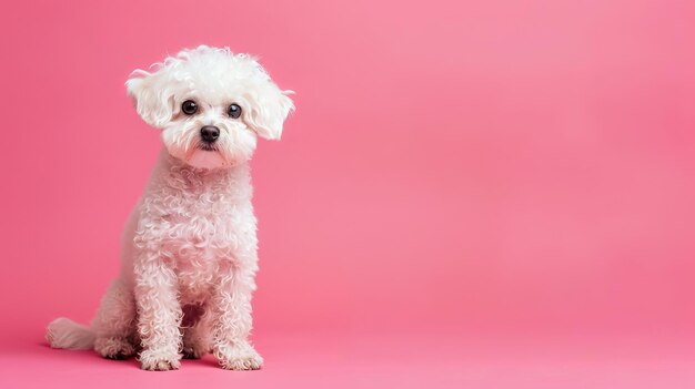 Un pequeño perro blanco sentado en un fondo rosa