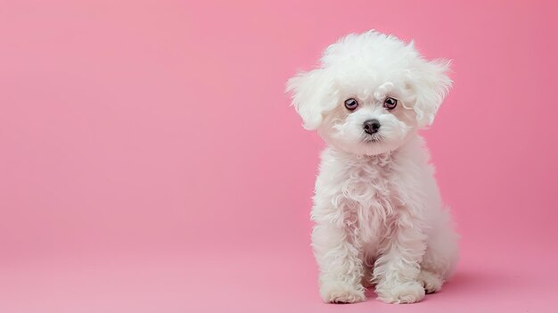 Un pequeño perro blanco sentado en un fondo rosa