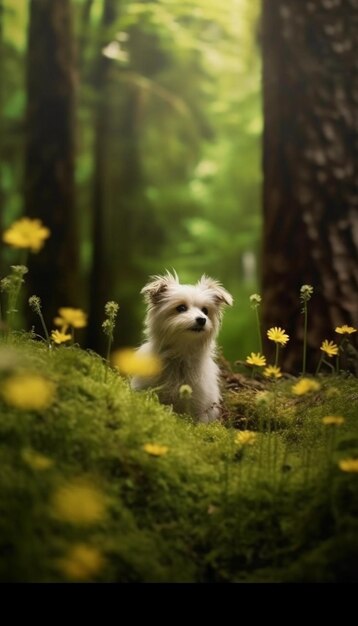 Un pequeño perro blanco se sienta en un bosque con flores amarillas.