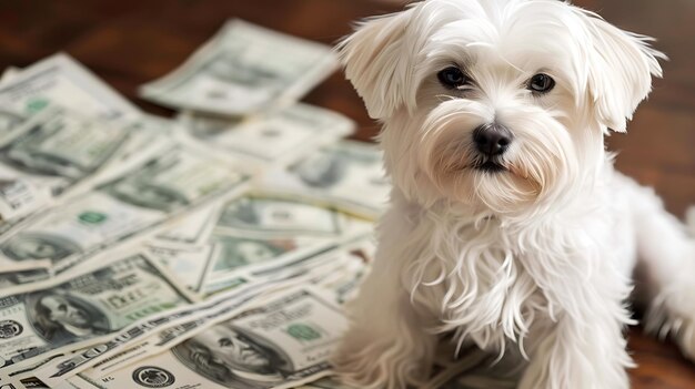 Foto un pequeño perro blanco se sienta en una pila de dinero el perro está mirando a la cámara con una expresión curiosa