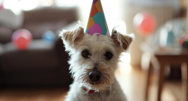 pequeño perro blanco con sombrero de cumpleaños