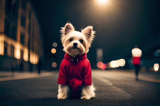 un pequeño perro blanco con un suéter rojo se sienta en la calle.