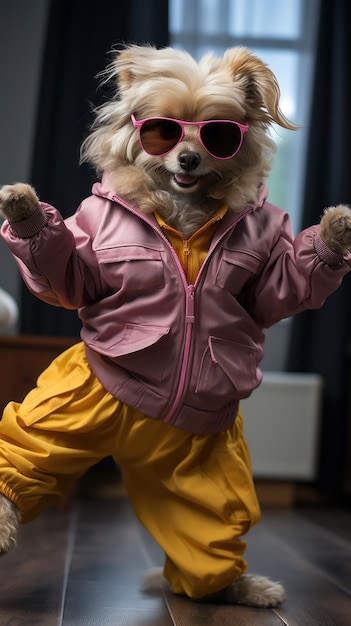 Foto pequeño perro con chaqueta rosa y pantalones amarillos se para en sus patas traseras en el suelo de madera lindo y fresco