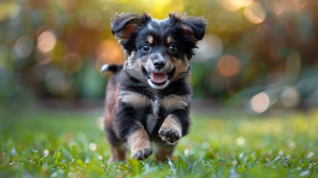 Pequeño perro corriendo por un campo de hierba