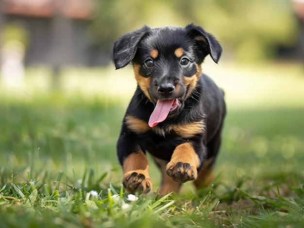 Un pequeño perro corriendo por la hierba