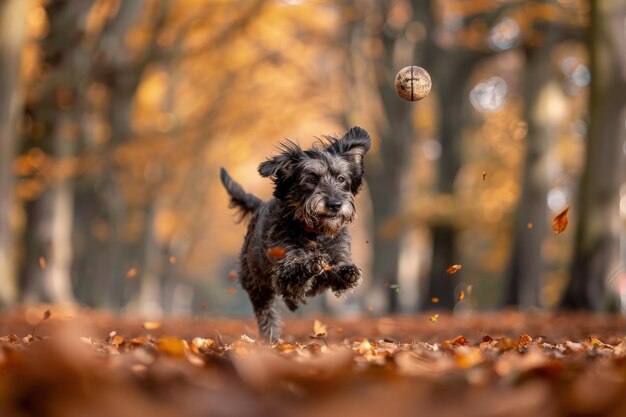 Un pequeño perro corriendo a través de un bosque cubierto de hojas