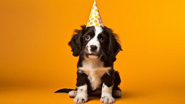 Pequeño perro de cumpleaños en fondo naranja