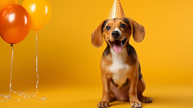 Pequeño perro de cumpleaños en fondo naranja