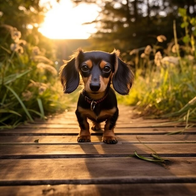 un pequeño perro está en un camino de madera en el césped