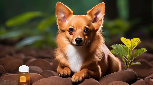 un pequeño perro está sentado en algunas rocas