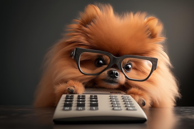 Un pequeño perro con gafas sentado junto a una calculadora AI generativa