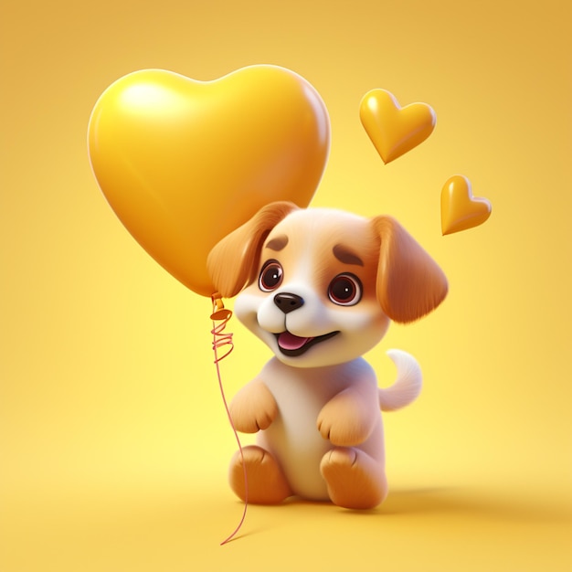 Pequeño perro isométrico lindo que sostiene un globo en forma de corazón