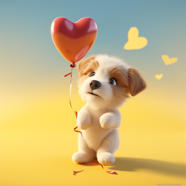 Pequeño perro isométrico lindo que sostiene un globo en forma de corazón