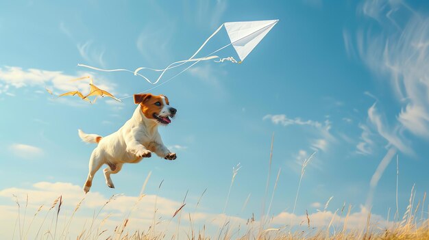 Foto pequeño perro lindo jack russell terrier corre felizmente por el prado con una cometa de papel volando alto por encima de la cometa es blanca y se parece a un pájaro