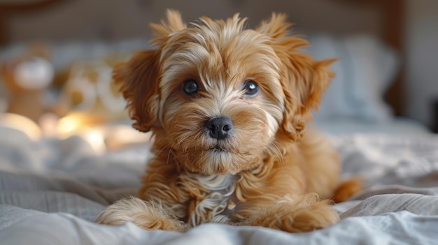 Pequeño perro marrón acostado en la cama