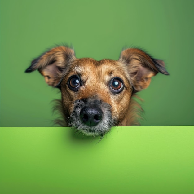 Foto pequeño perro marrón mirando por encima de la pared verde