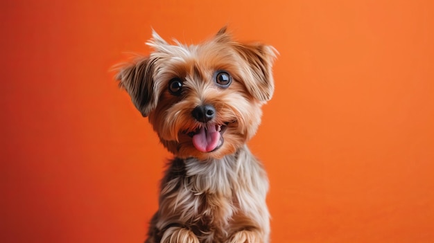 Pequeño perro marrón de pelo largo mirando a la cámara con la lengua afuera