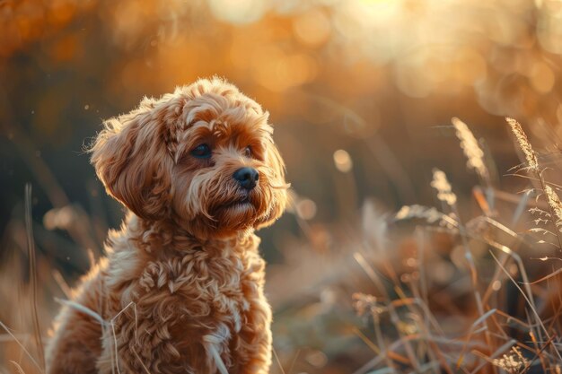 Pequeño perro marrón sentado en el campo