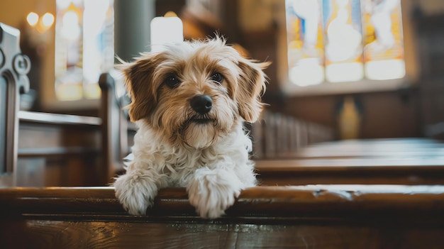 Foto un pequeño perro de mezcla de terrier se sienta en un banco de la iglesia mirando a la cámara con una expresión curiosa