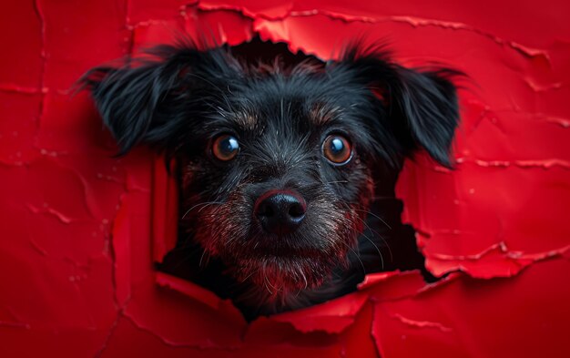 Foto pequeño perro negro mira a través del agujero en la pared roja