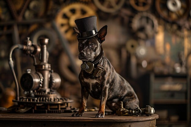 Foto un pequeño perro negro con un sombrero de copa y sentado en una mesa rodeado de relojes y engranajes ai generativa