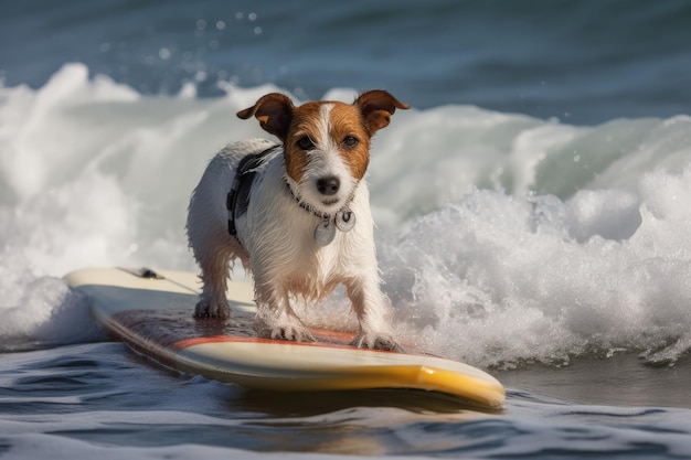 Un pequeño perro parado en una tabla de surf en el agua IA generativa