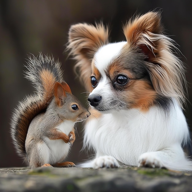 Foto pequeño perro y una pequeña ardilla sentados en una roca