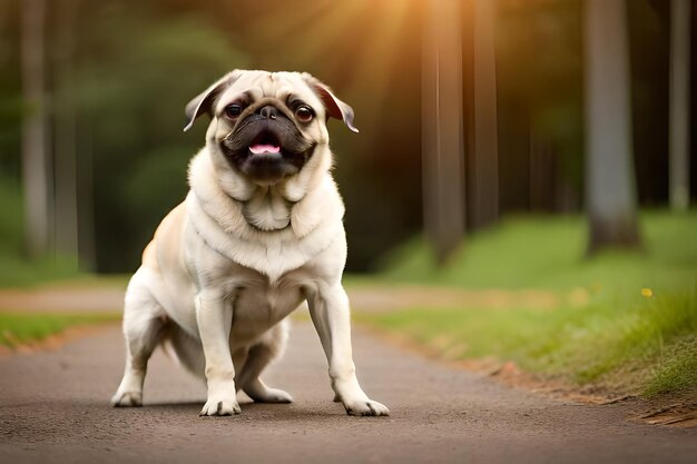 Un pequeño perro pug en un bosque de pino de otoño en una caminata mops