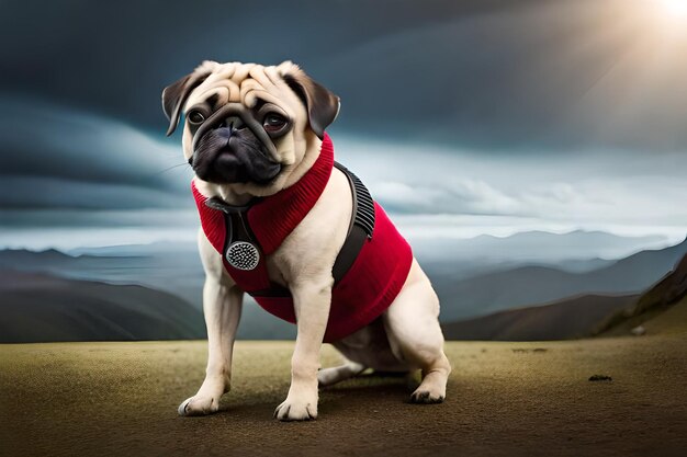 Un pequeño perro pug en un bosque de pinos otoñales en un paseo con fregonas