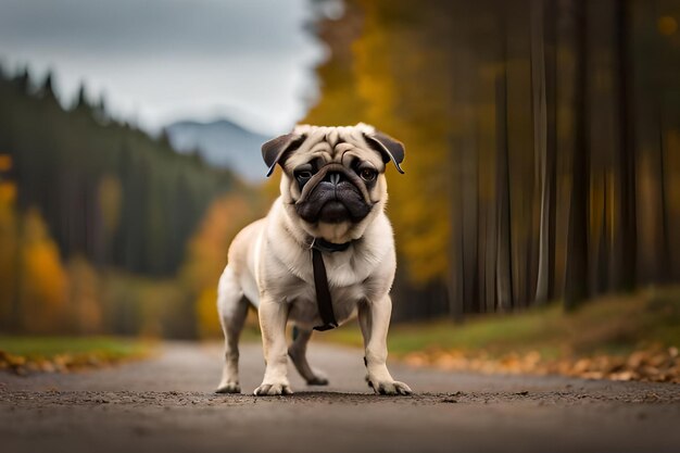 Un pequeño perro pug en un bosque de pinos de otoño en un paseo mops