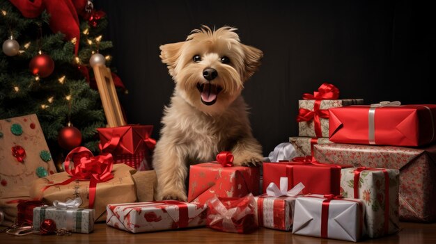 Pequeño perro sentado frente a una pila de regalos