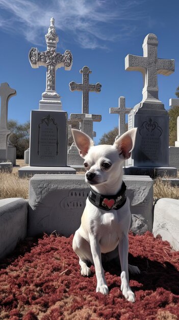 un pequeño perro se sienta en un cementerio con una lápida en el fondo