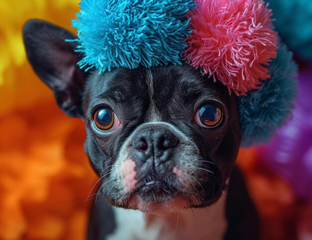 Pequeño perro con sombrero Pom Pom azul y rosa Un delicioso perro pequeño con un acogedor sombrero pom pom azul y rosa que se ve adorable