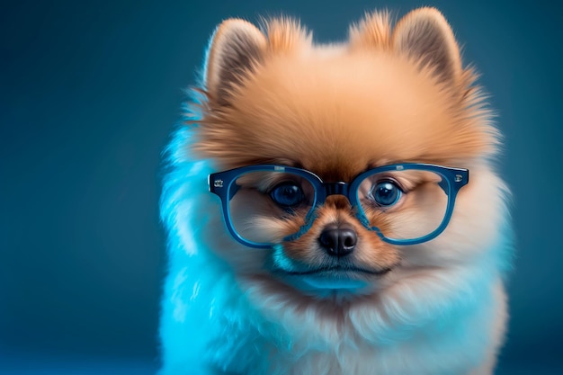 Pequeño perro sonriente Spitz con gafas en el fondo IA generativa