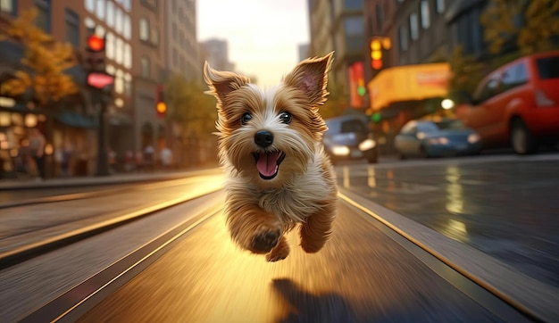 pequeño perro terrier corriendo por la ciudad