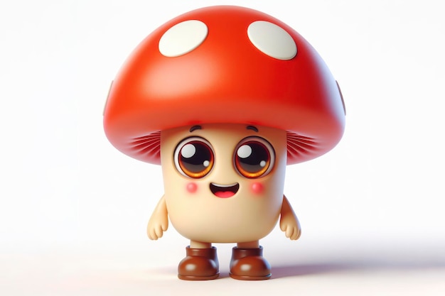 pequeno personagem 3D de cogumelo feliz e fofo com olhos esbugalhados em um fundo branco sólido ai generativo