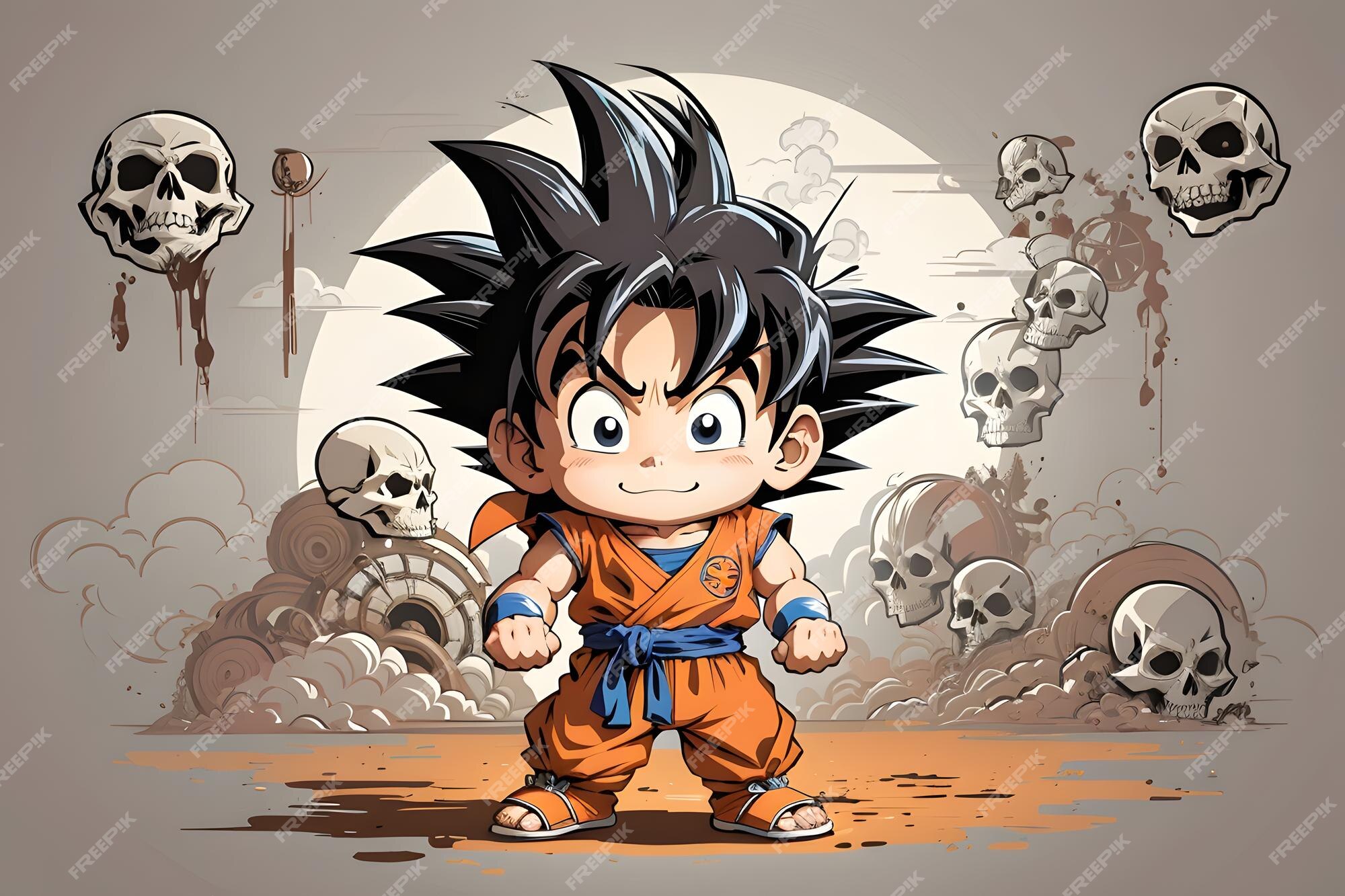 Pequeno personagem de desenho animado goku com desenho de esqueleto de fundo gerado por ia