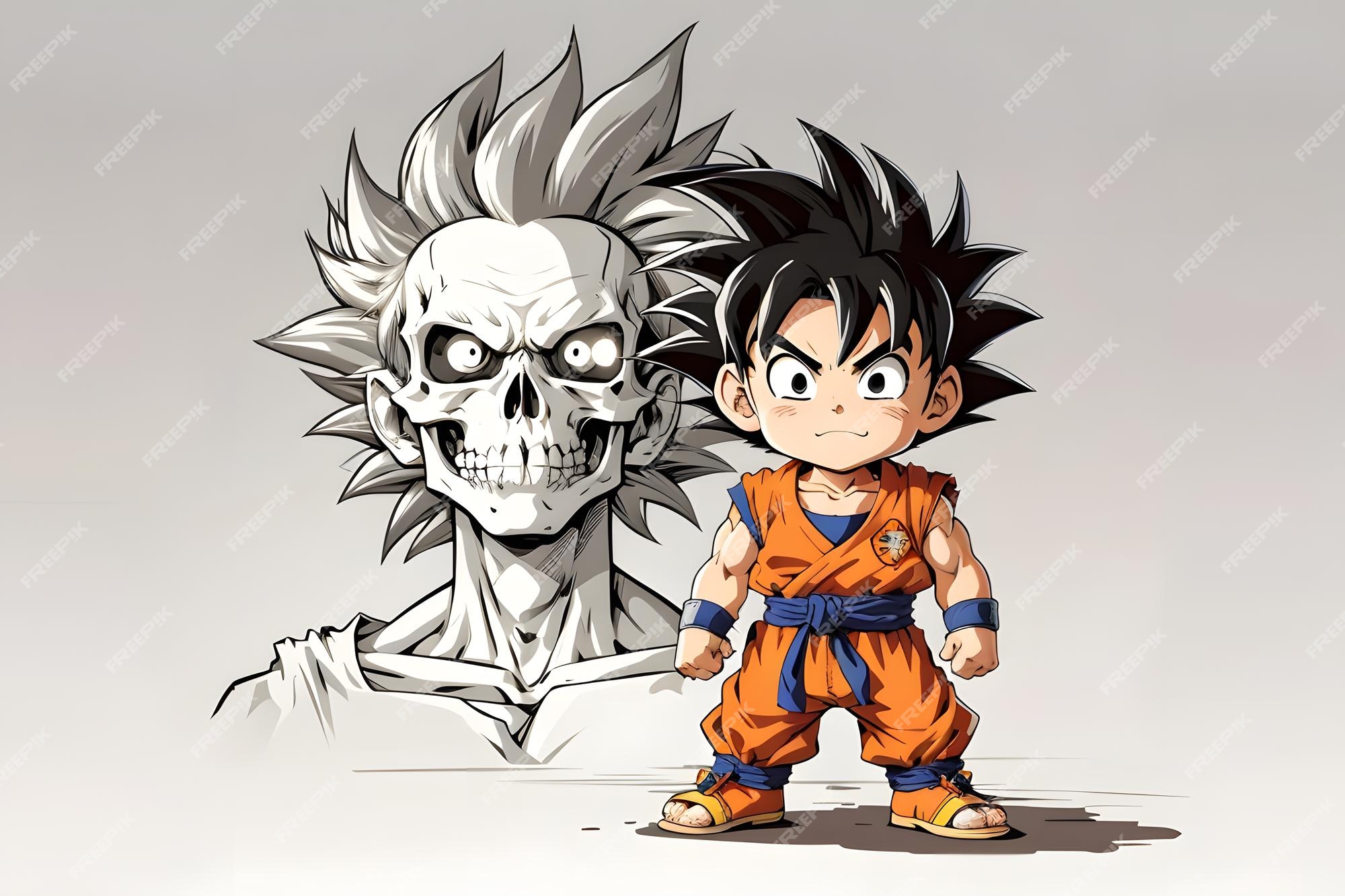 Pequeno personagem de desenho animado goku com desenho de esqueleto de  fundo gerado por ia