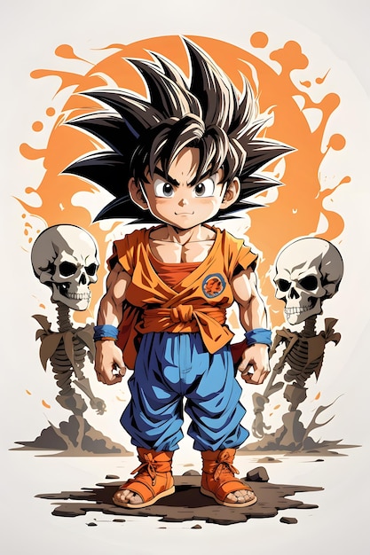 Pequeno personagem de desenho animado goku com desenho de esqueleto de  fundo gerado por ia