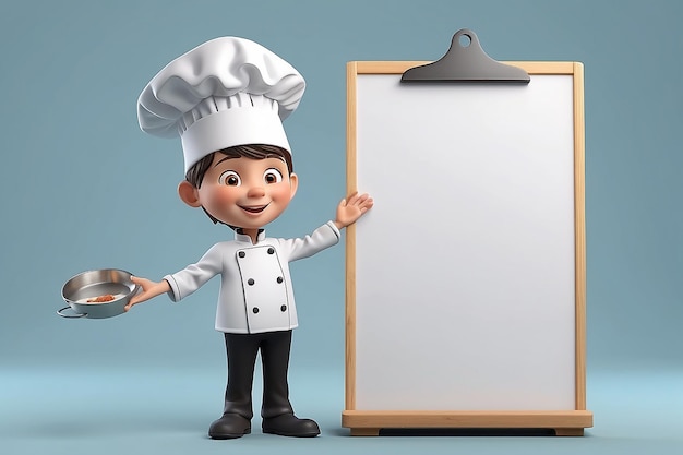 Pequeno personagem humano 3D o Chef com um espaço vazio no Menu Board Copy