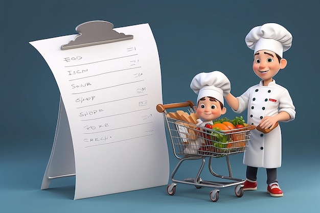 Pequeno personagem humano 3D o Chef com uma lista de receitas ou menus de compras