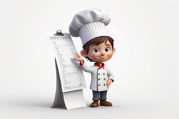 Pequeno personagem humano 3D o Chef com uma lista de receitas ou menus de compras