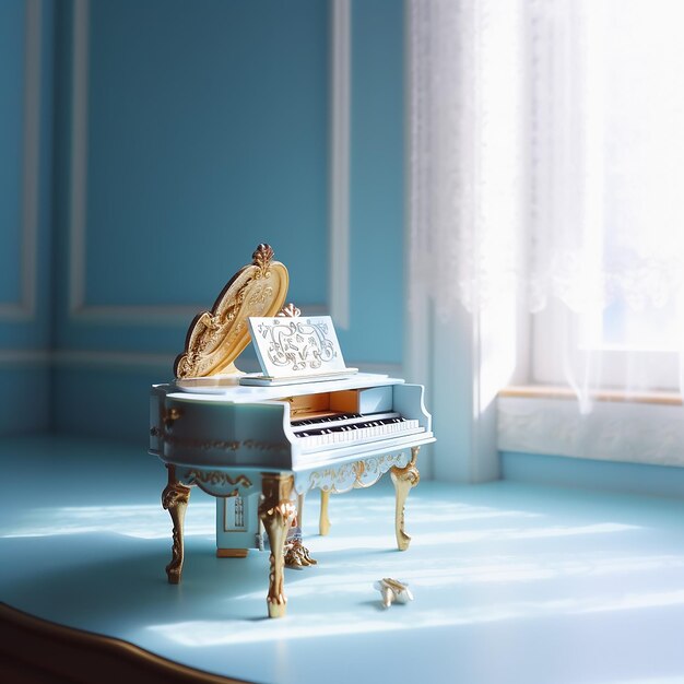 Un pequeño piano con una tapa dorada y blanca se sienta sobre una mesa azul.
