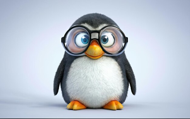 Un pequeño pingüino con gafas gruesas y un fondo limpio.