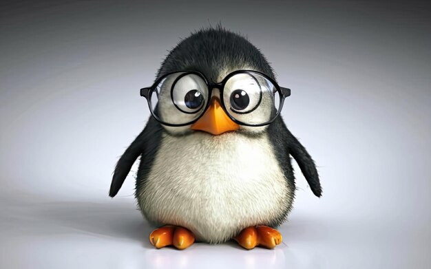 Un pequeño pingüino con gafas gruesas y un fondo limpio.